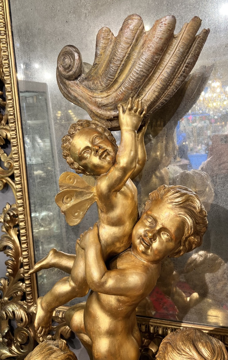 Large Group Of Putti In Carved And Gilded Wood, Venice, “carlo Piccoli Fece… Venezia”, H. 115 Cm-photo-7
