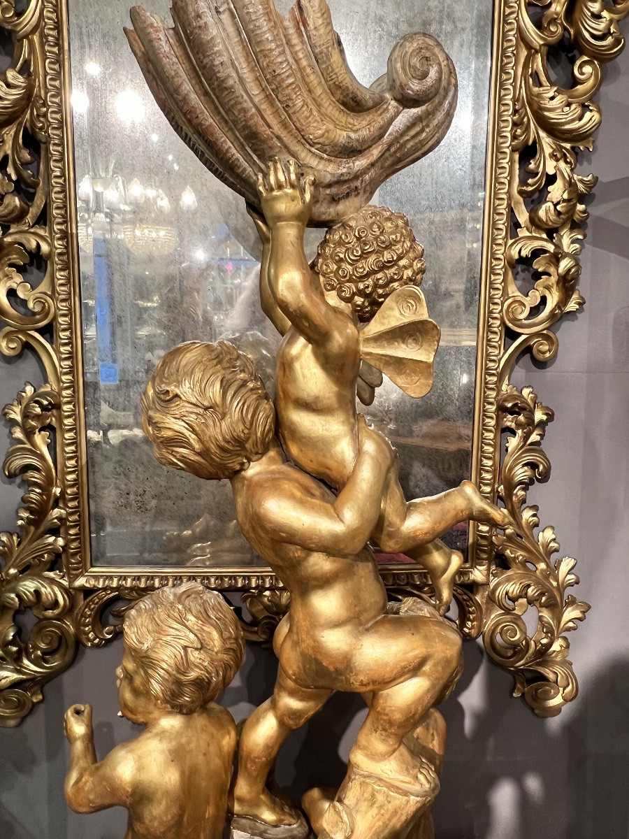 Large Group Of Putti In Carved And Gilded Wood, Venice, “carlo Piccoli Fece… Venezia”, H. 115 Cm-photo-8