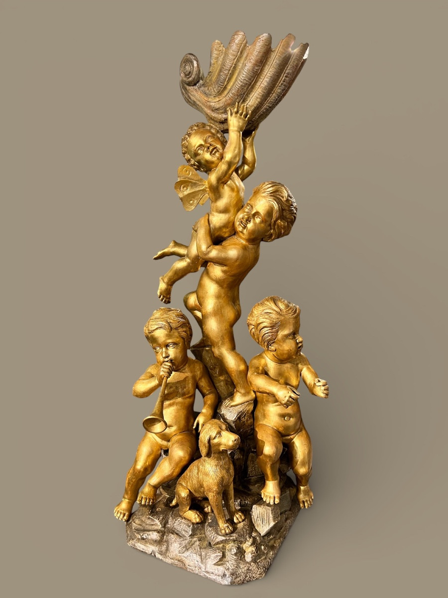 Large Group Of Putti In Carved And Gilded Wood, Venice, “carlo Piccoli Fece… Venezia”, H. 115 Cm