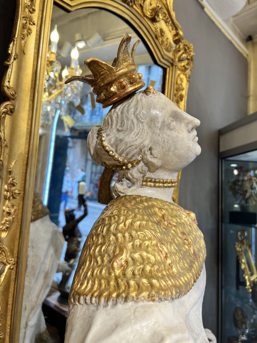 Grande statue de retable baroque alpine – Sainte martyre en bois sculpté doré et polychrome – T-photo-8