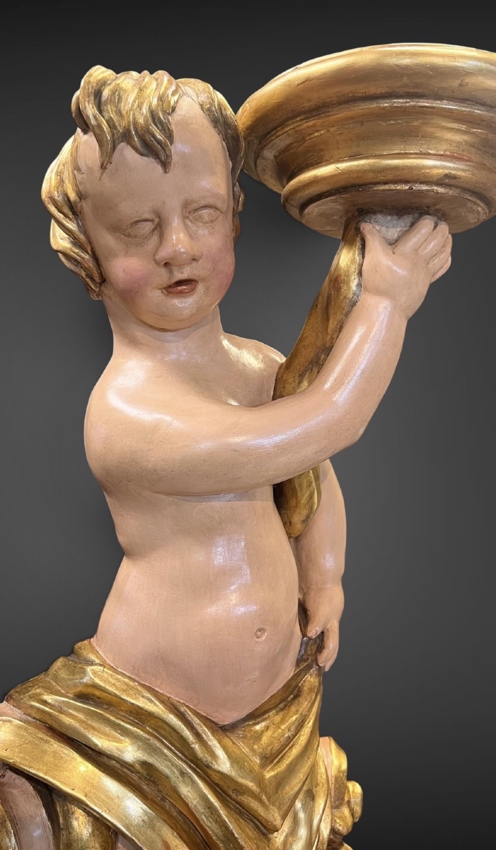 Grande paire de torchères aux putti en bois sculpté, doré et polychrome – Italie XVIIIe siècle -photo-2