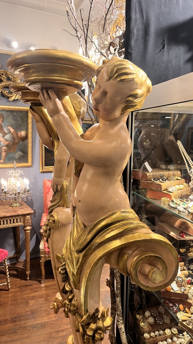 Grande paire de torchères aux putti en bois sculpté, doré et polychrome – Italie XVIIIe siècle -photo-4