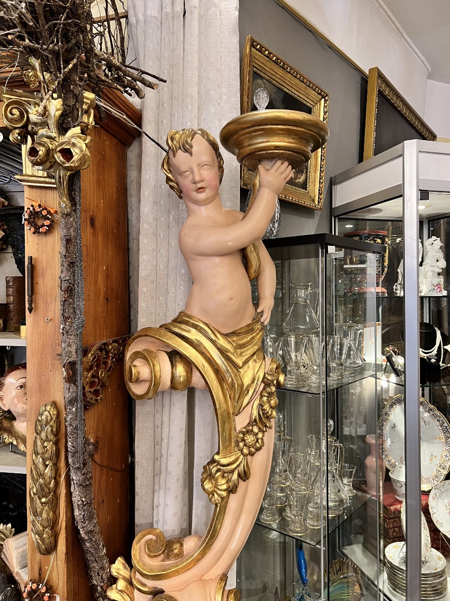 Large Pair Of Torchères With Putti In Carved, Gilded And Polychrome Wood - 18th Century Italy-photo-2