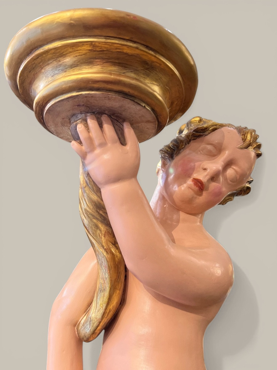 Large Pair Of Torchères With Putti In Carved, Gilded And Polychrome Wood - 18th Century Italy-photo-3