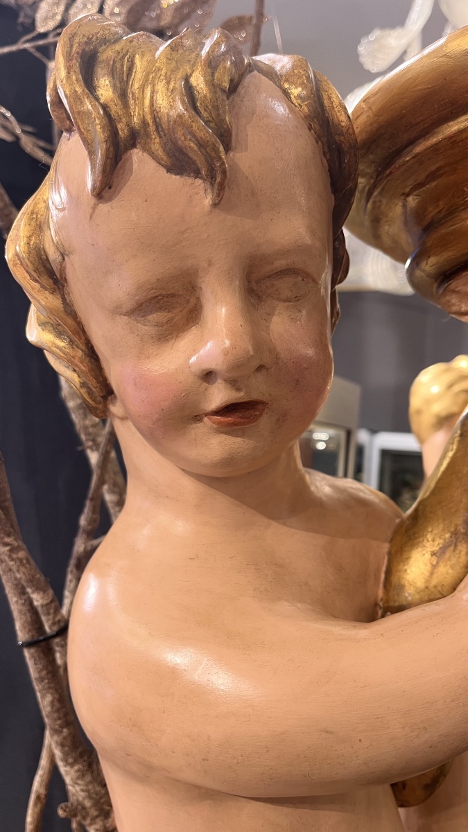 Grande paire de torchères aux putti en bois sculpté, doré et polychrome – Italie XVIIIe siècle -photo-2