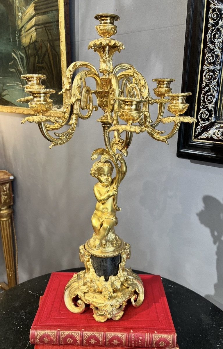 Important Pair Of Gilt Bronze Candelabra With Putti Decoration - Napoleon III Period-photo-4