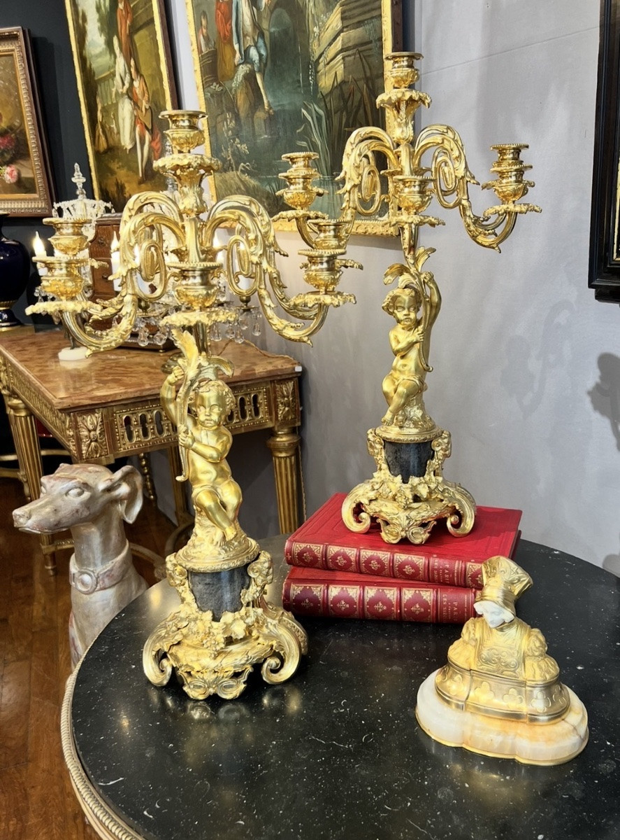 Important Pair Of Gilt Bronze Candelabra With Putti Decoration - Napoleon III Period-photo-5