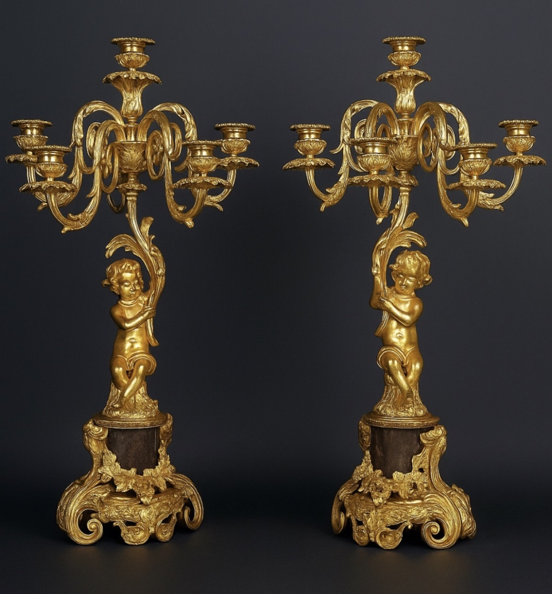 Important Pair Of Gilt Bronze Candelabra With Putti Decoration - Napoleon III Period