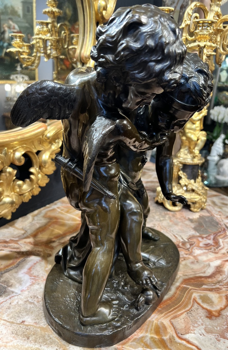 Patinated Bronze Group - Deux Amours Se Disputant Un Cœur - Esprit Falconet - Mid-19th Century-photo-1