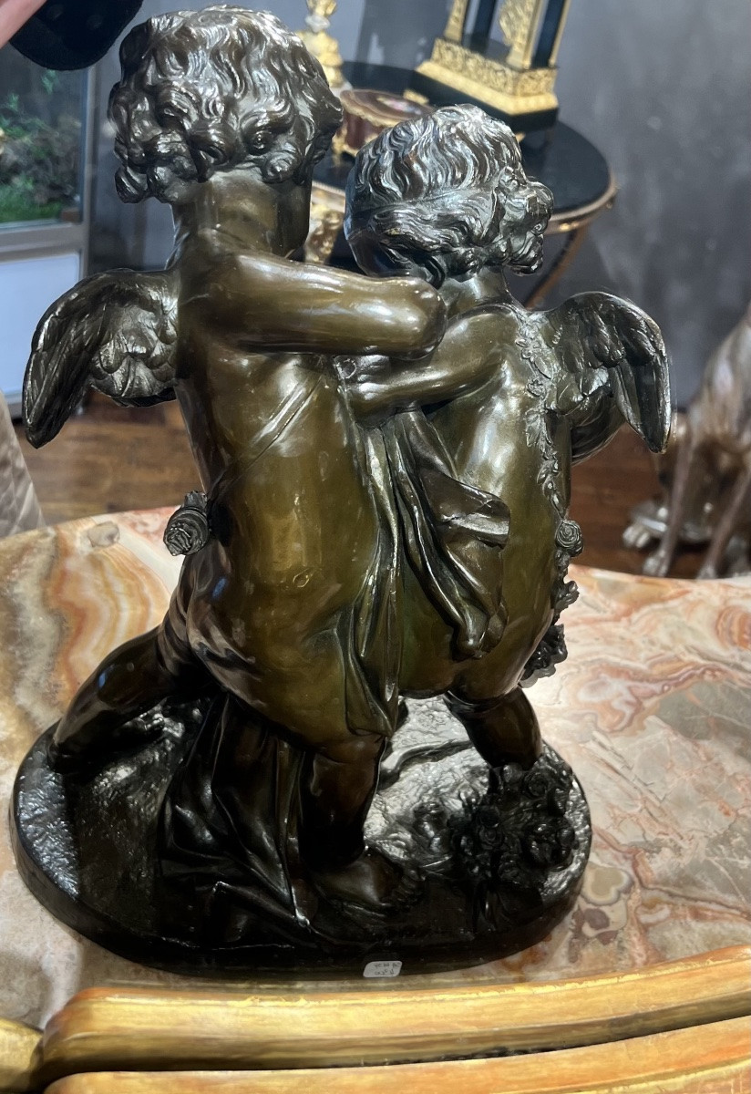 Patinated Bronze Group - Deux Amours Se Disputant Un Cœur - Esprit Falconet - Mid-19th Century-photo-2