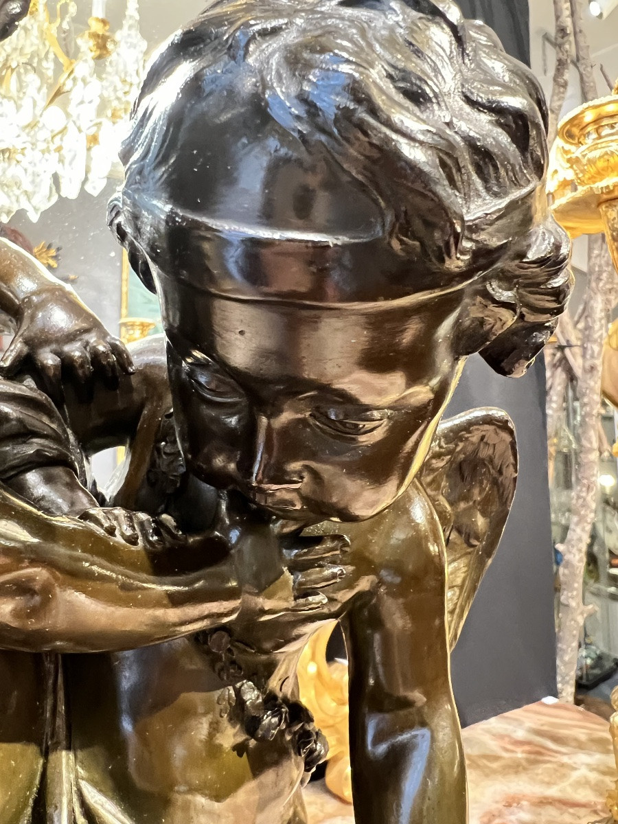 Patinated Bronze Group - Deux Amours Se Disputant Un Cœur - Esprit Falconet - Mid-19th Century-photo-3