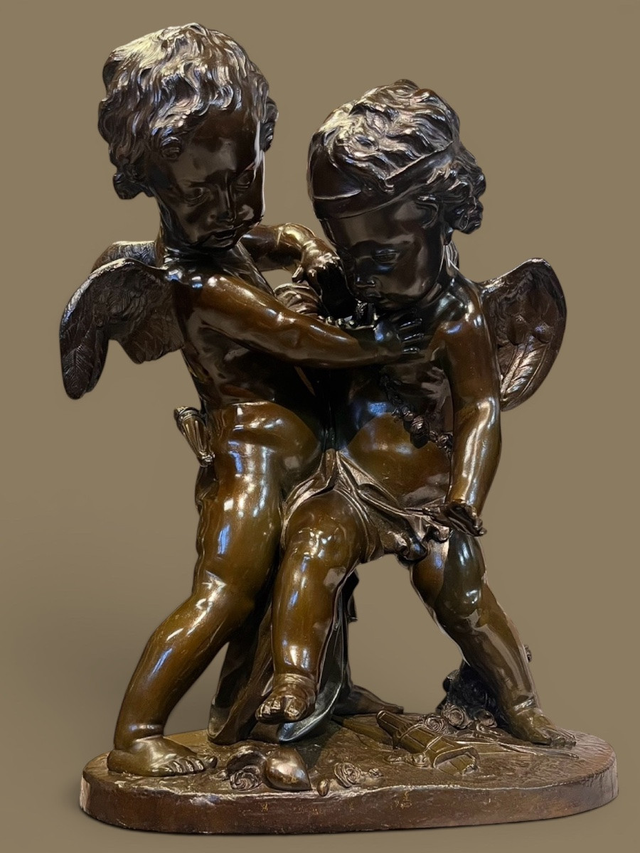 Patinated Bronze Group - Deux Amours Se Disputant Un Cœur - Esprit Falconet - Mid-19th Century-photo-5