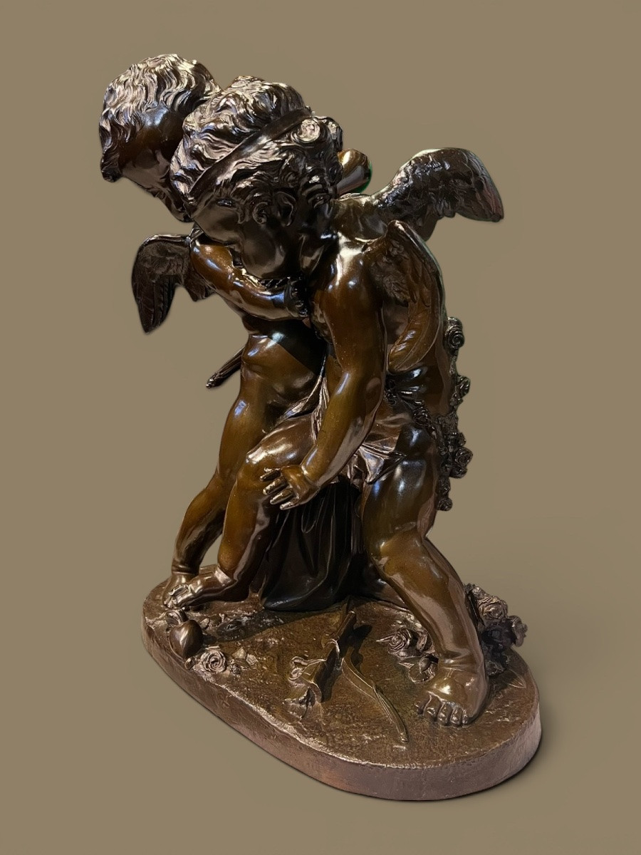 Patinated Bronze Group - Deux Amours Se Disputant Un Cœur - Esprit Falconet - Mid-19th Century-photo-7
