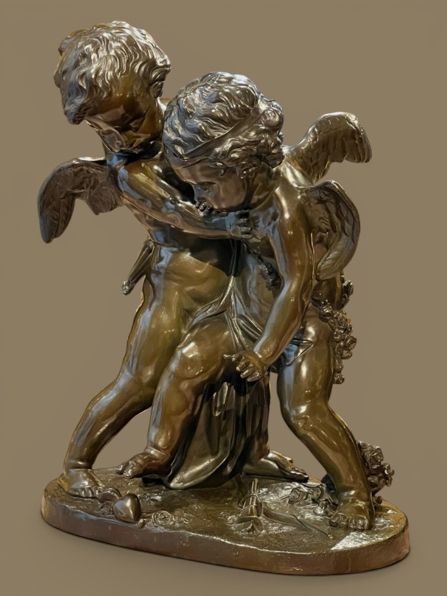 Patinated Bronze Group - Deux Amours Se Disputant Un Cœur - Esprit Falconet - Mid-19th Century