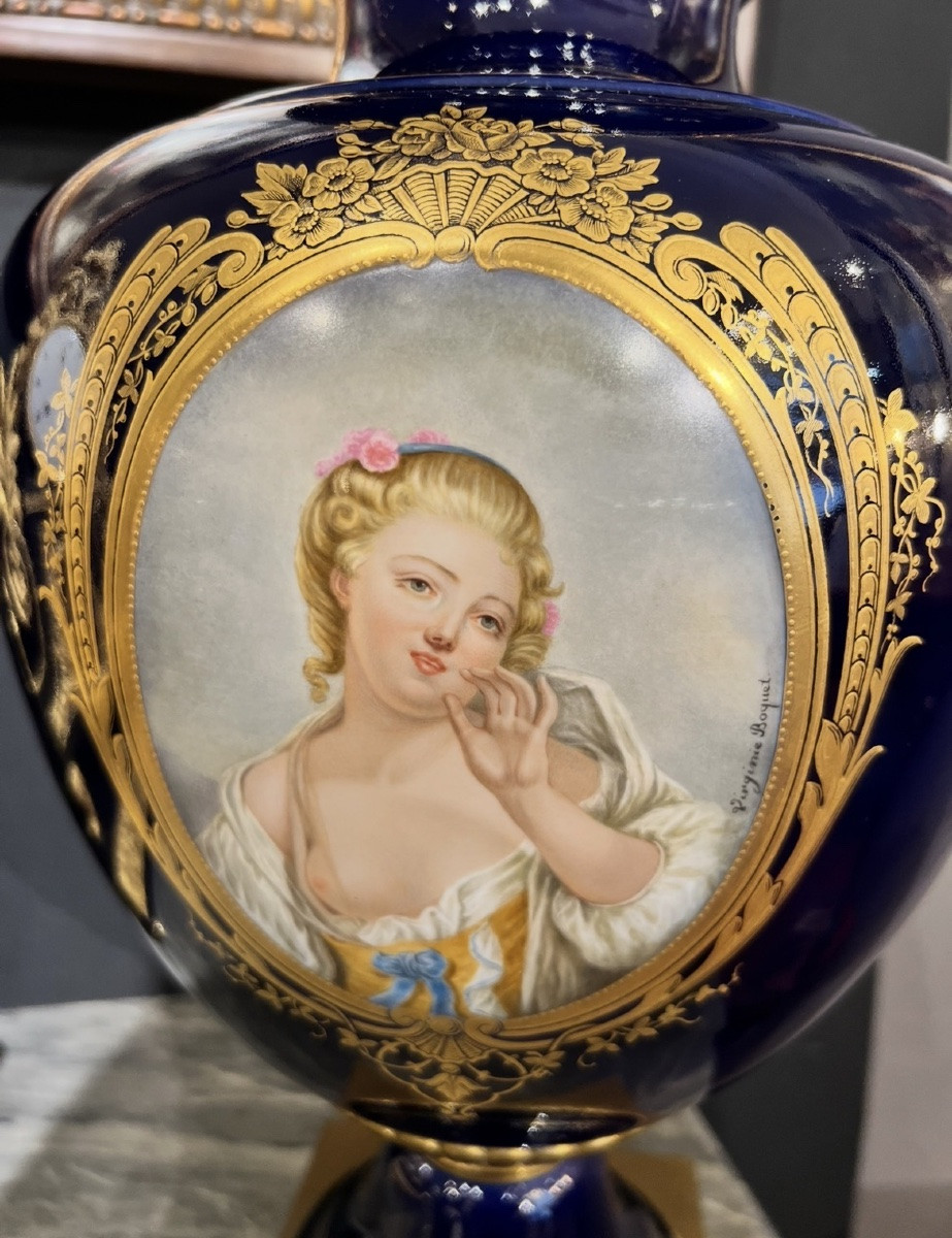 Vase Impérial En Porcelaine De Sèvres - Medallion Signed Virginie Boquet - Napoleon III Period-photo-5