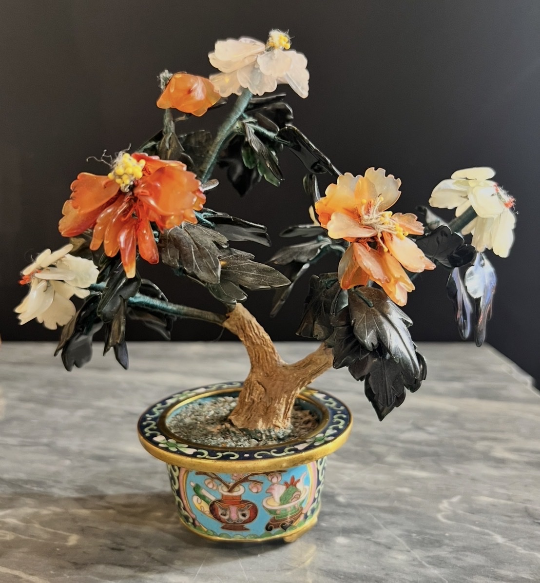 Paire d’arbres fleuris en pierres dures et cloisonné – Chine XIXe-photo-2