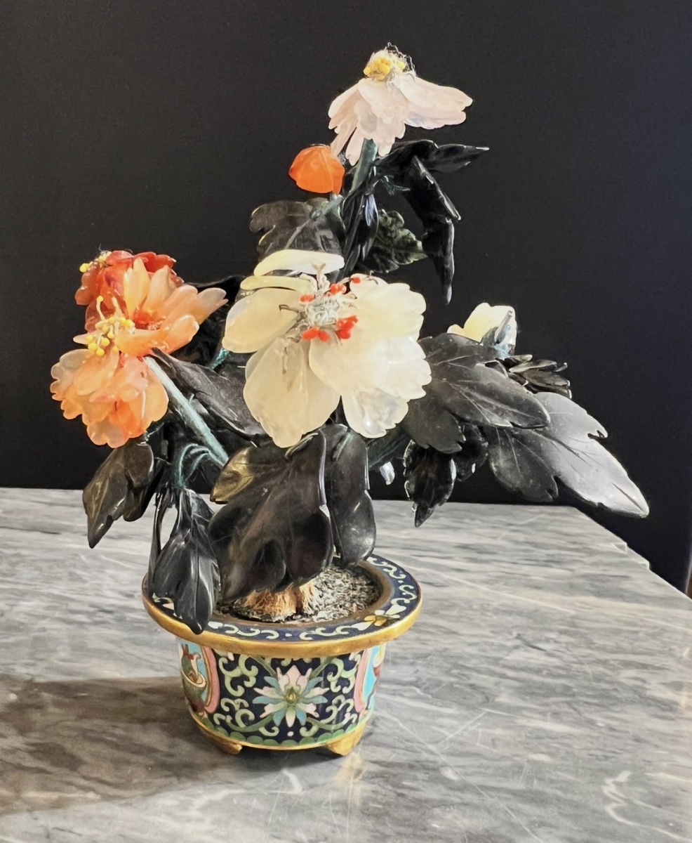 Paire d’arbres fleuris en pierres dures et cloisonné – Chine XIXe-photo-3
