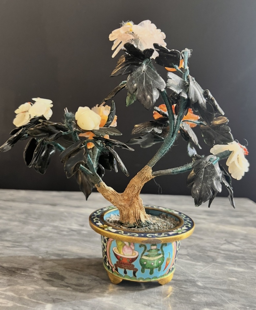 Paire d’arbres fleuris en pierres dures et cloisonné – Chine XIXe-photo-4