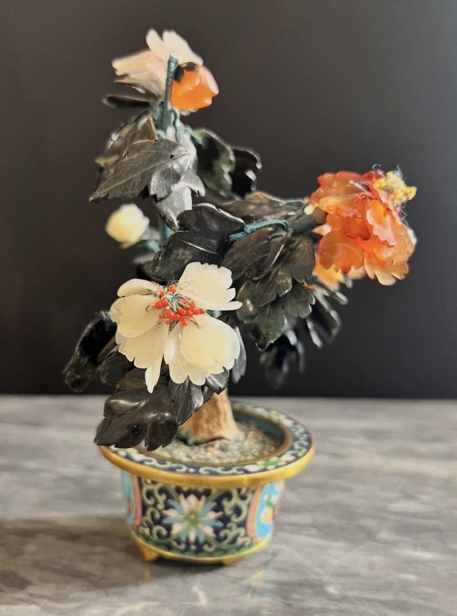 Paire d’arbres fleuris en pierres dures et cloisonné – Chine XIXe-photo-1
