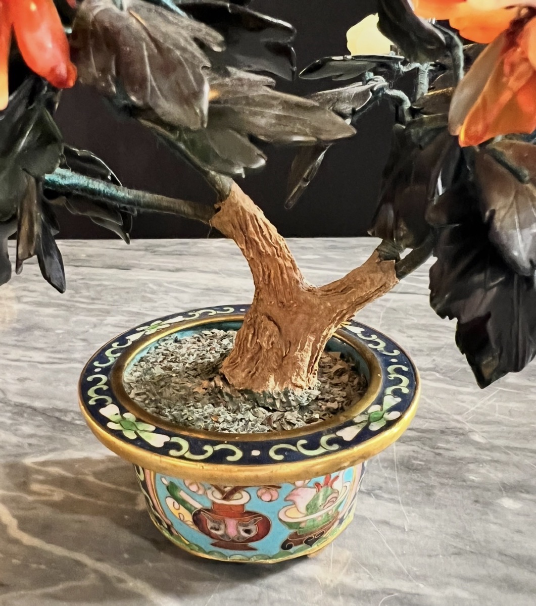 Paire d’arbres fleuris en pierres dures et cloisonné – Chine XIXe-photo-2