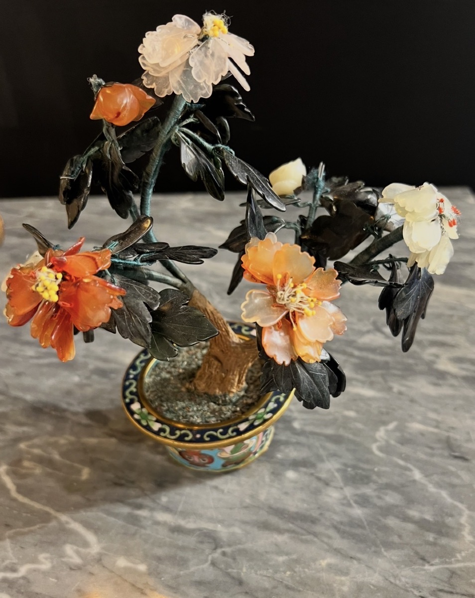 Paire d’arbres fleuris en pierres dures et cloisonné – Chine XIXe-photo-3