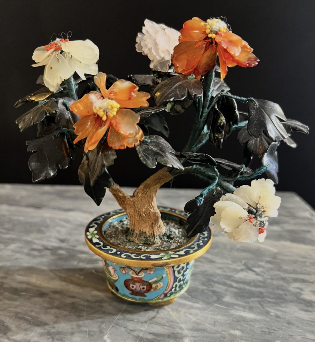 Paire d’arbres fleuris en pierres dures et cloisonné – Chine XIXe-photo-4