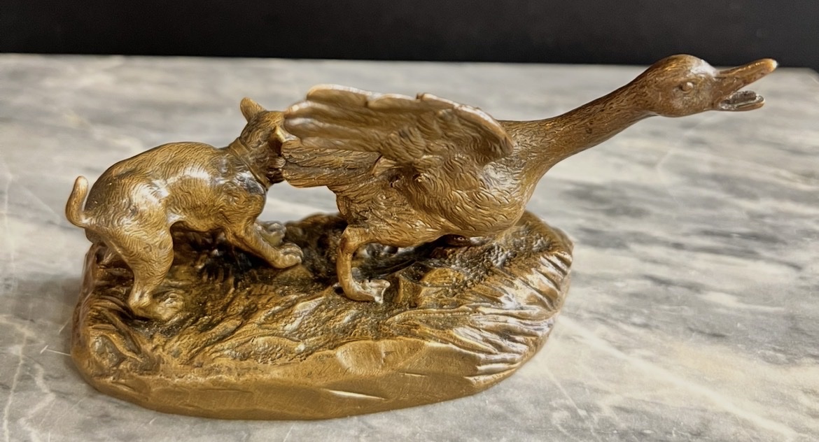 Georges-henri Tribout – Dog And Duck – Bronze, Ca. 1920-photo-2