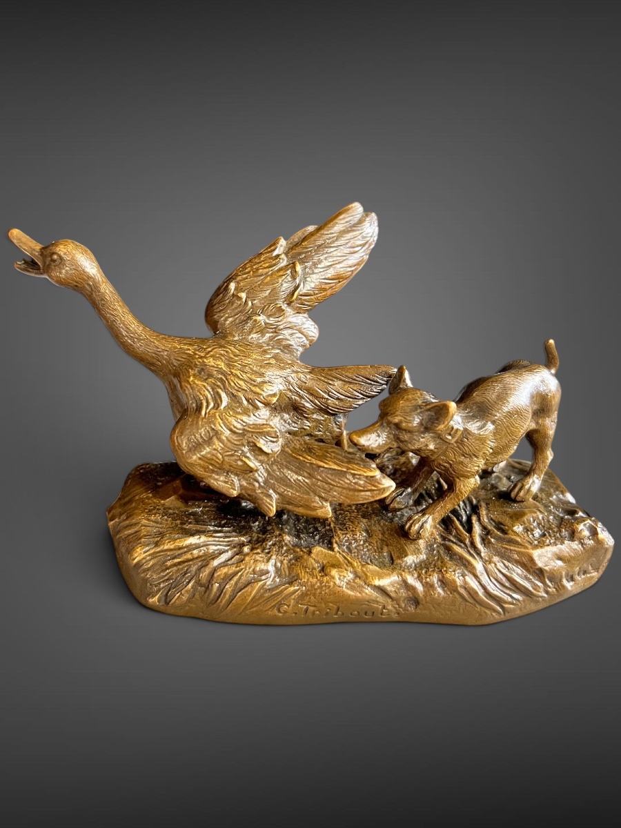 Georges-henri Tribout – Dog And Duck – Bronze, Ca. 1920