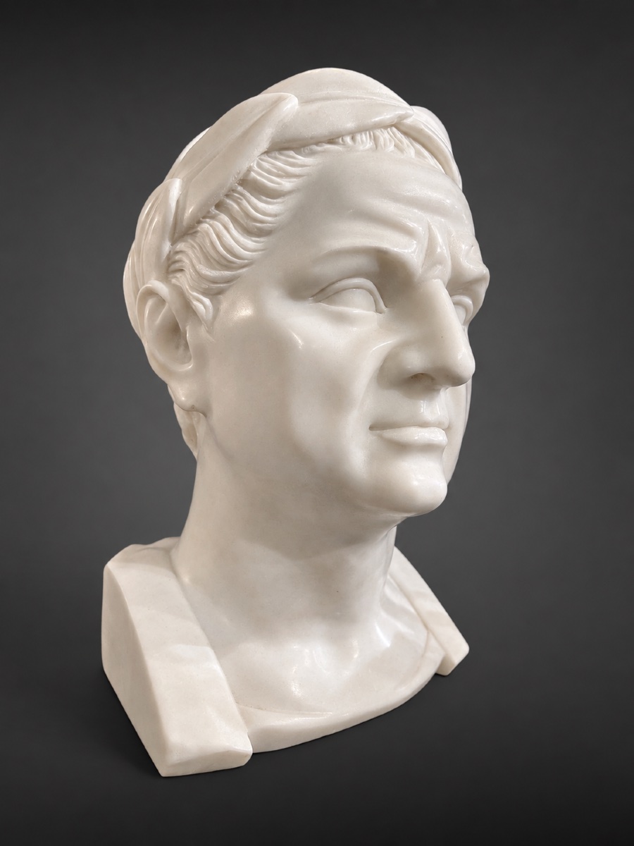 Under The Laurel Wreath — Head In White Carrara Marble, Circa 1900