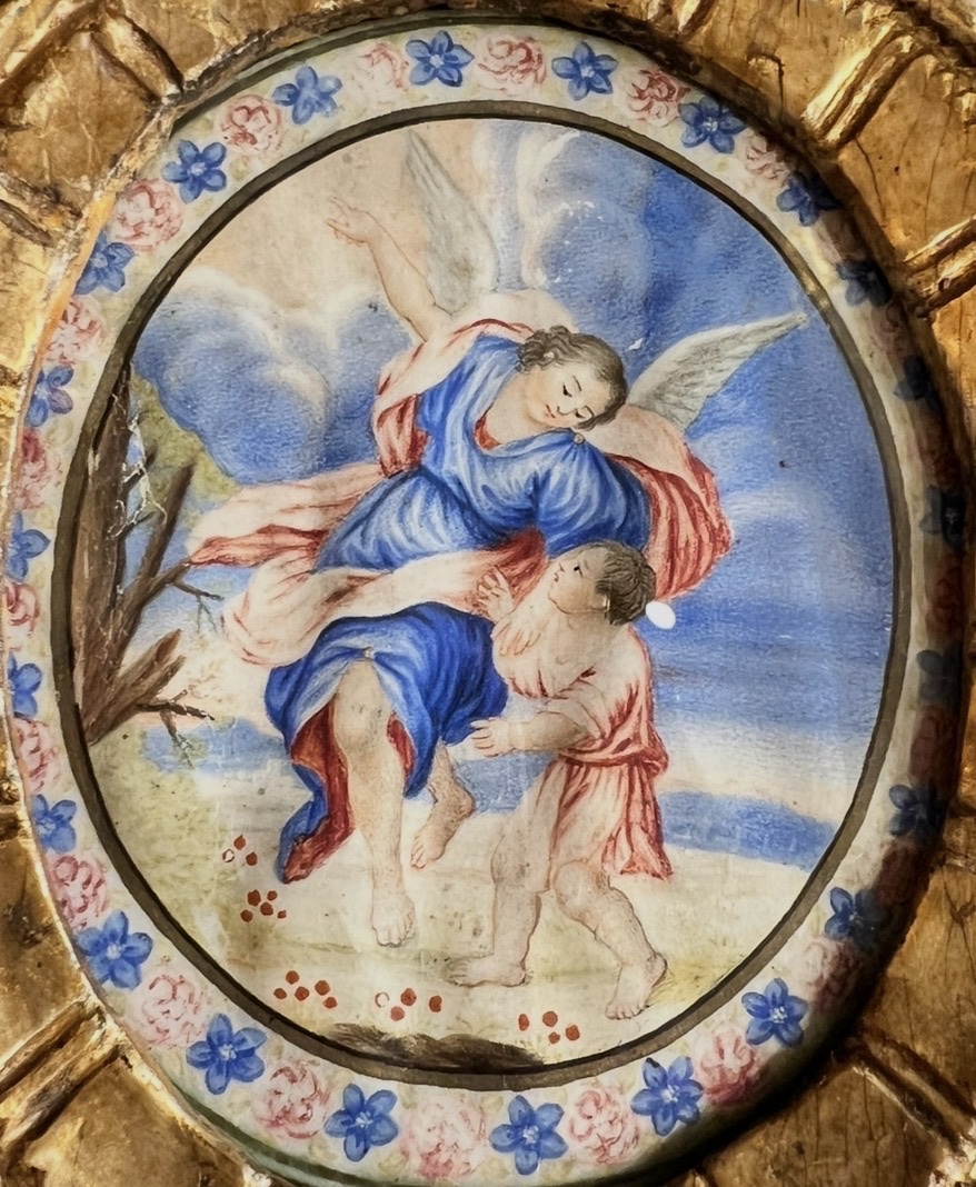 Under The Angel's Protection — Painting On Vellum In A Gilded Baroque Frame-photo-2