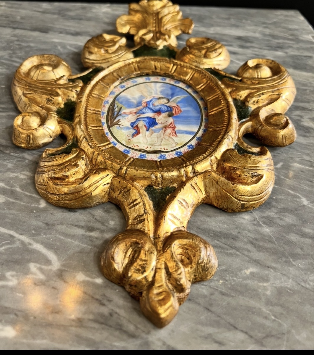 Under The Angel's Protection — Painting On Vellum In A Gilded Baroque Frame-photo-2