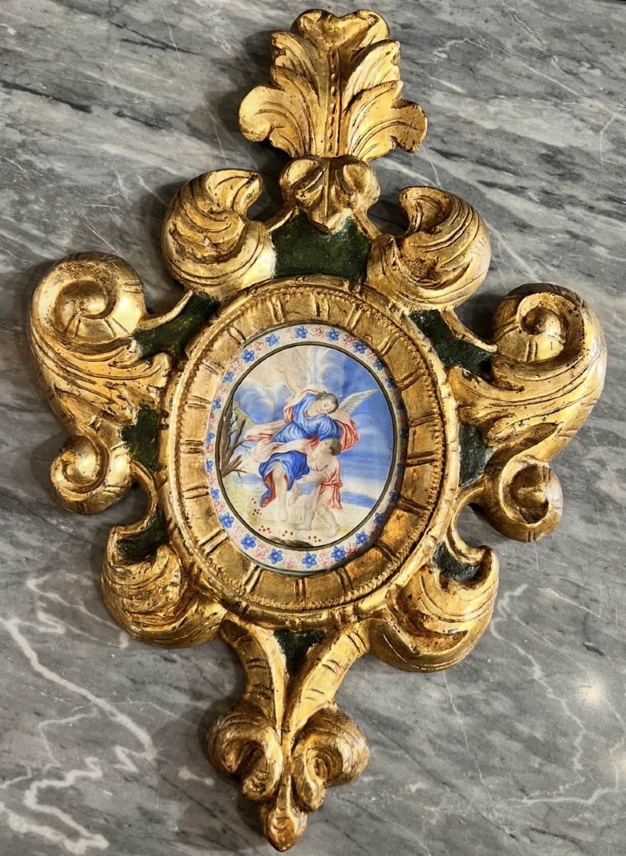 Under The Angel's Protection — Painting On Vellum In A Gilded Baroque Frame-photo-3
