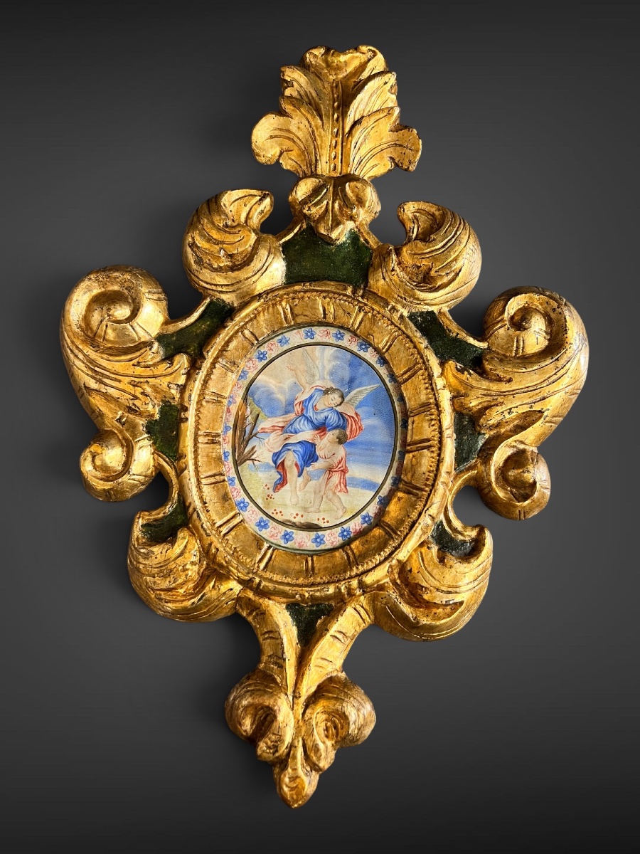 Under The Angel's Protection — Painting On Vellum In A Gilded Baroque Frame