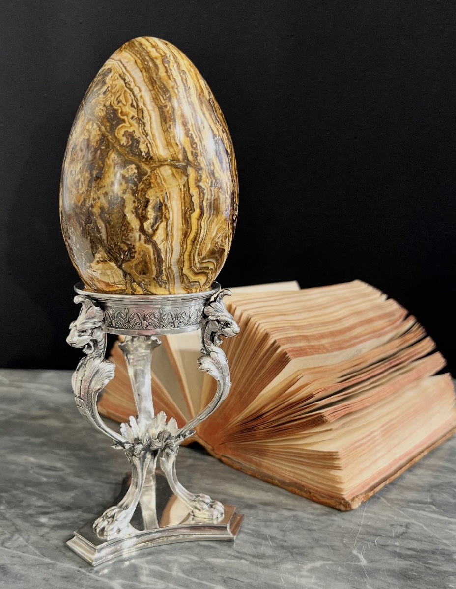 Œuf en pierre veinée sur monture Elkington & Co – Esprit cabinet de curiosités-photo-2