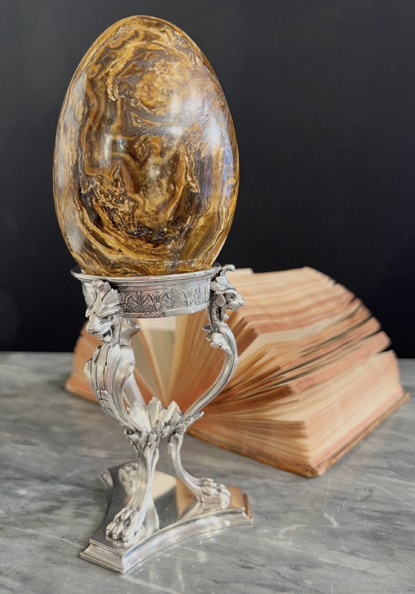 Œuf en pierre veinée sur monture Elkington & Co – Esprit cabinet de curiosités-photo-3