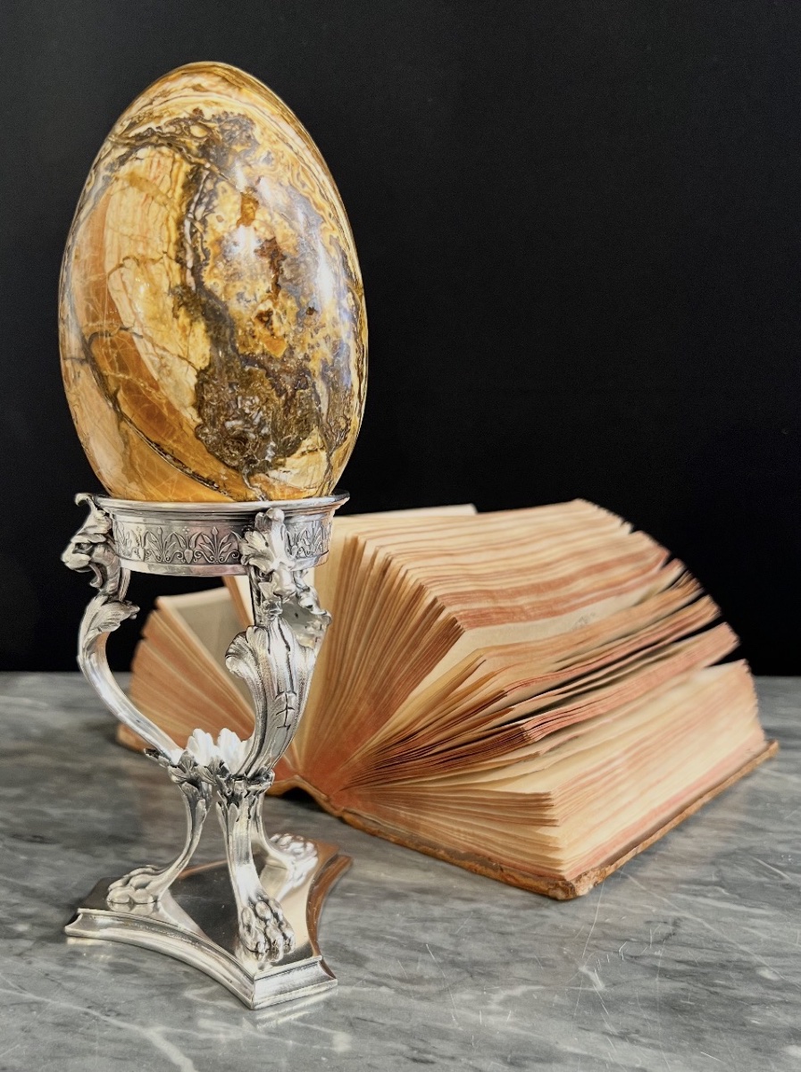 Œuf en pierre veinée sur monture Elkington & Co – Esprit cabinet de curiosités-photo-2