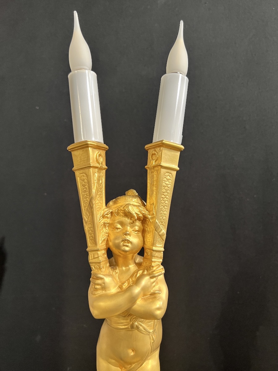 Joseph Chéret — Lampe à l’enfant en bronze doré à deux lumières-photo-2