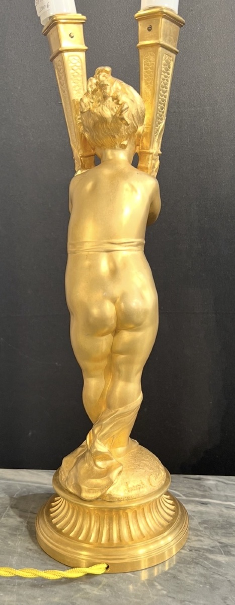 Joseph Chéret — Lampe à l’enfant en bronze doré à deux lumières-photo-3