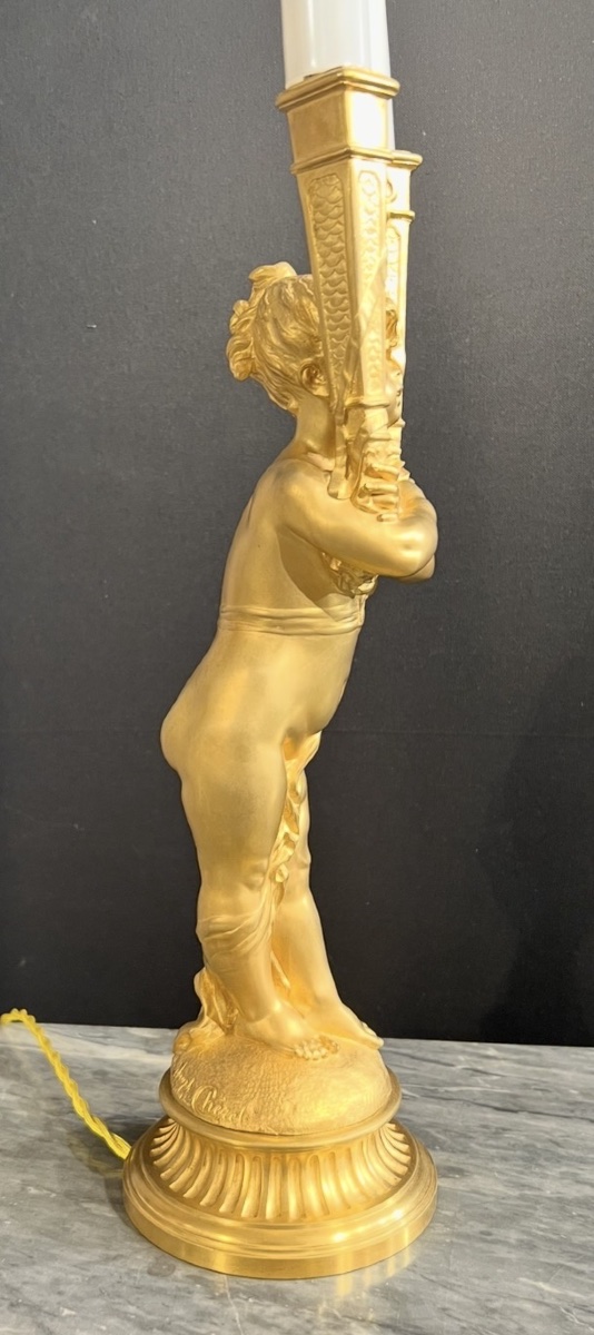 Joseph Chéret — Lampe à l’enfant en bronze doré à deux lumières-photo-4