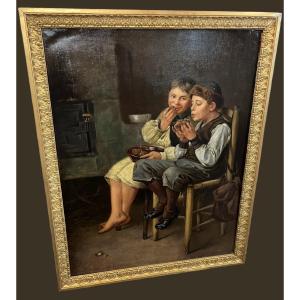 Hungarian Genre Scene With Two Children – C. E. Halisch, Budapest – 19th Century