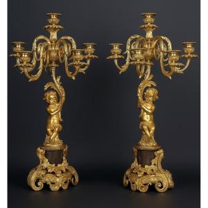 Important Pair Of Gilt Bronze Candelabra With Putti Decoration - Napoleon III Period