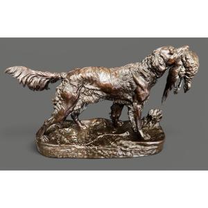 Bronze animalier de chasse en bronze patiné “L’Épagneul au faisan” signé Jules Moigniez
