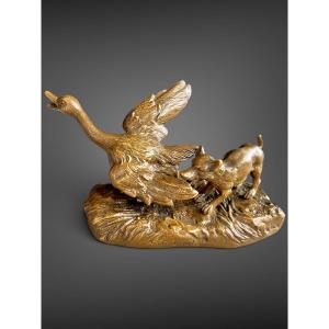 Georges-Henri Tribout – Chien et canard – Bronze, vers 1920