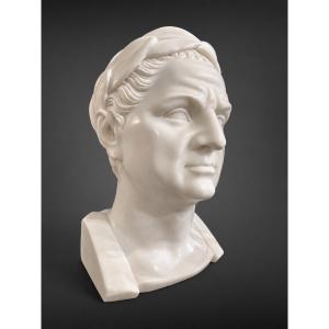 Under The Laurel Wreath — Head In White Carrara Marble, Circa 1900