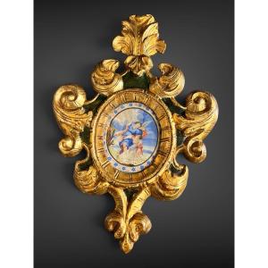 Sous la protection de l’ange — Peinture sur vélin dans un cadre baroque doré