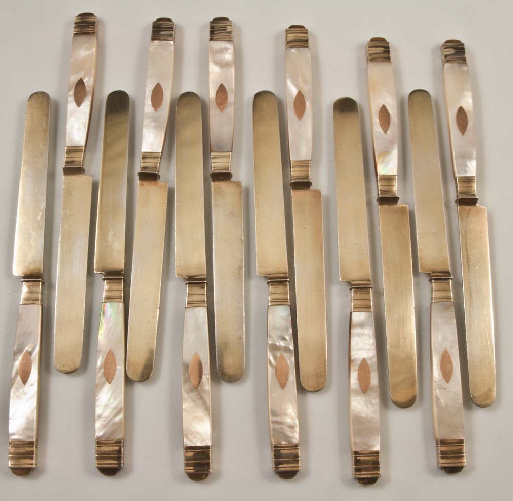 12 Knives Mother Of Pearl Handle Silver Blade 1819-1838-photo-2