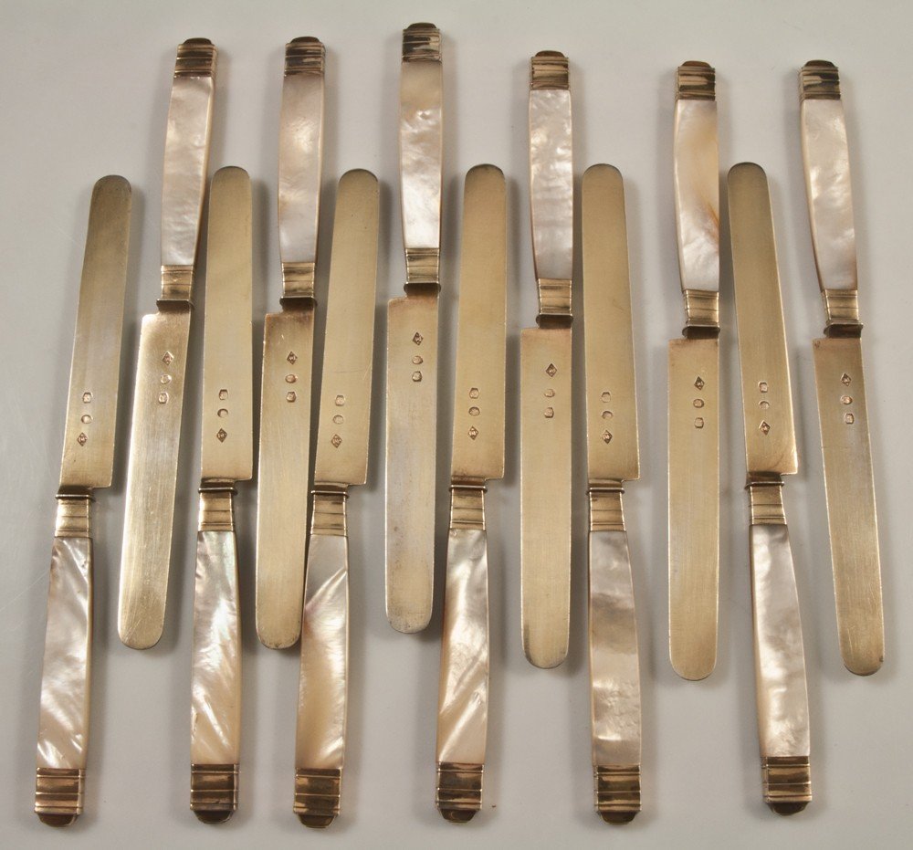 12 Knives Mother Of Pearl Handle Silver Blade 1819-1838-photo-4