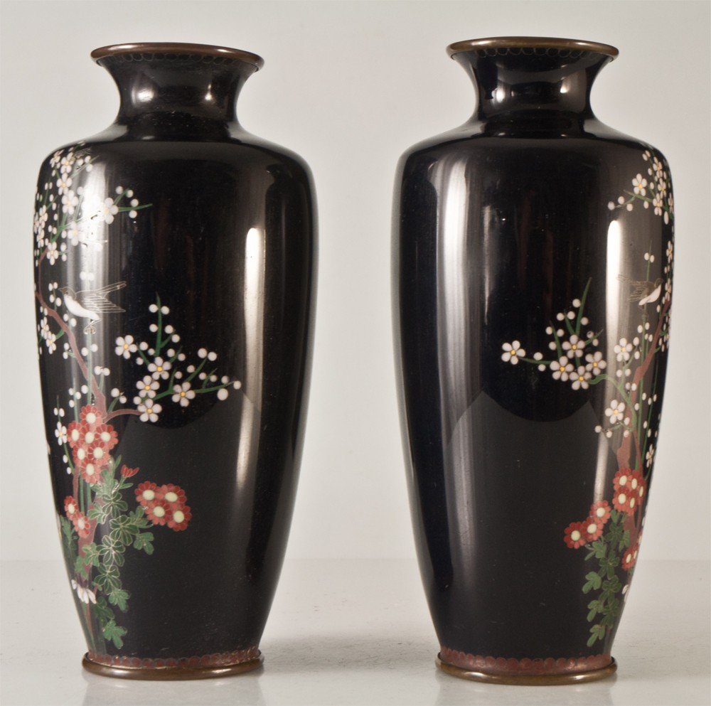 Paire De Vases En émail Cloisonné Asiatique Japon Art Nouveau-photo-3