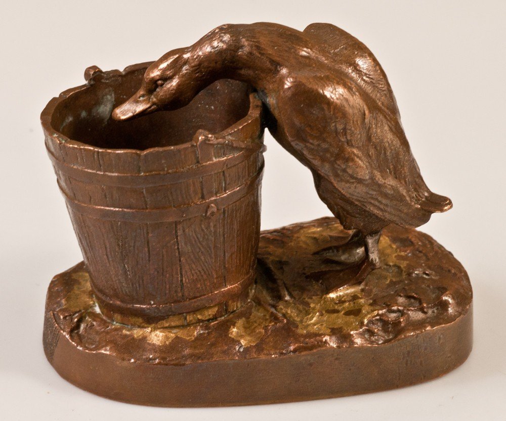 Isidore Bonheur (1827-1901): "the Goose In The Tub" Pyrogenic Bronze-photo-2