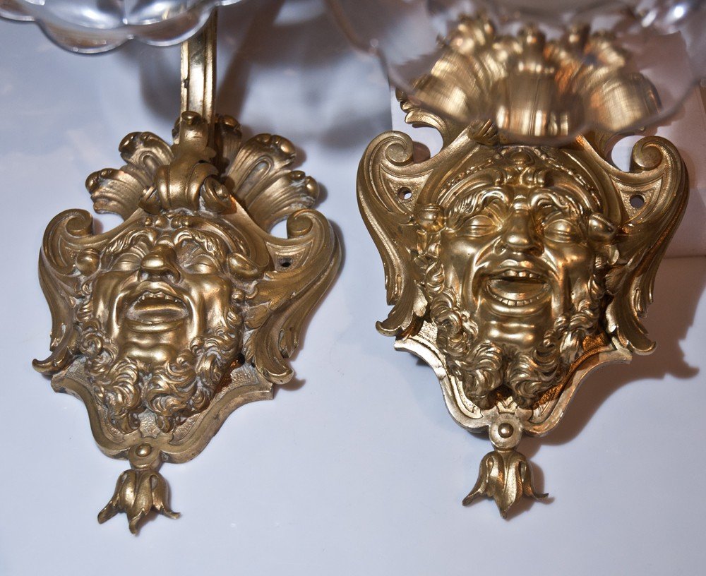Pair Of Bronze And Crystal Sconces Heads Of Hilarious Grotesques Ag34